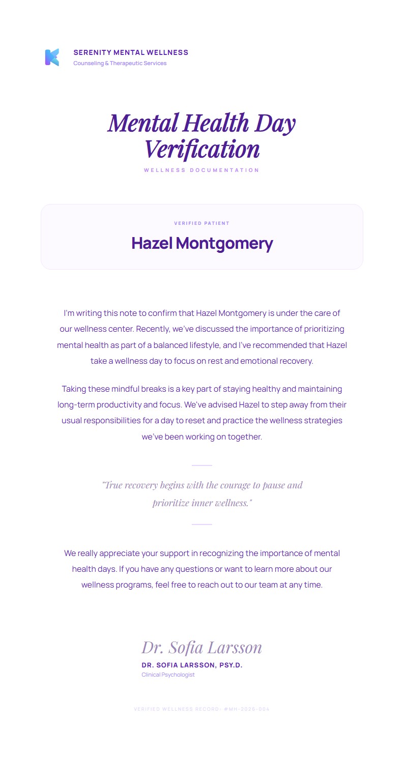 Mental Health Day Verification - Doctor Excuse Note