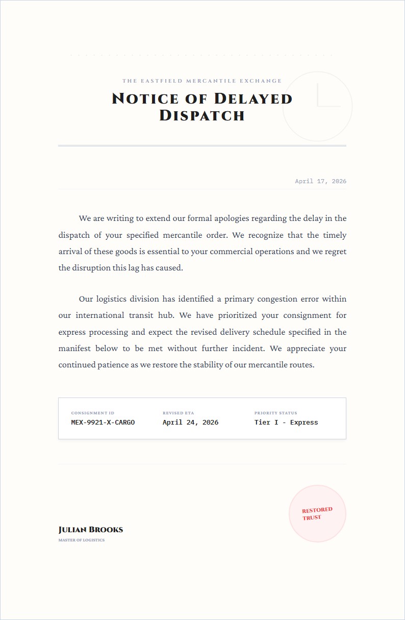 Mercantile Delayed Dispatch Apology - Apology Letter