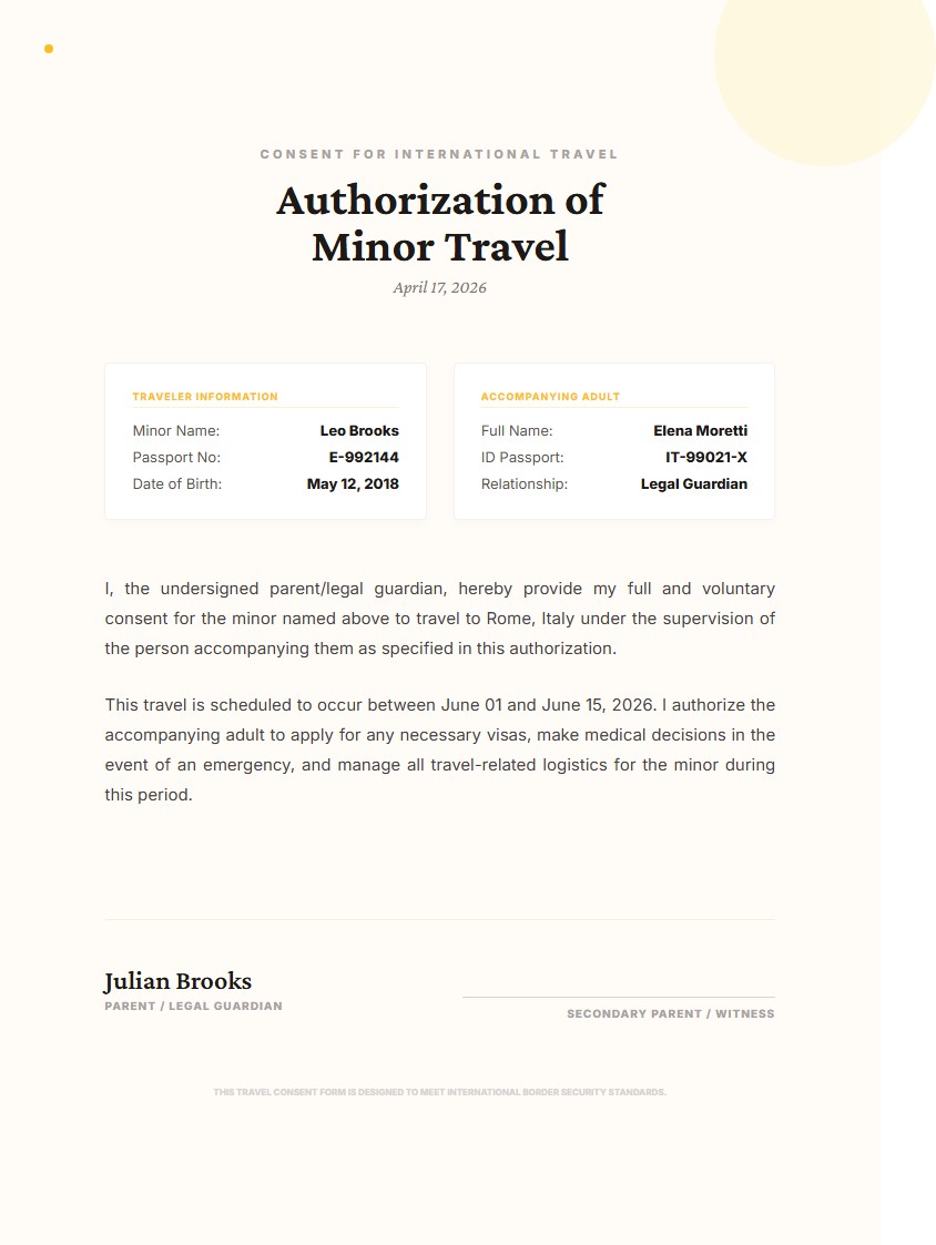 Minor Travel Consent Authorization - Authorization Letter