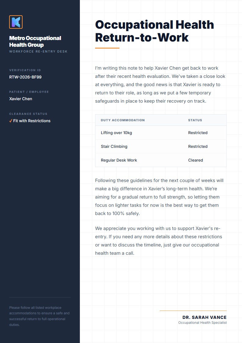 Occupational Health Return-to-Work - Doctor Excuse Note