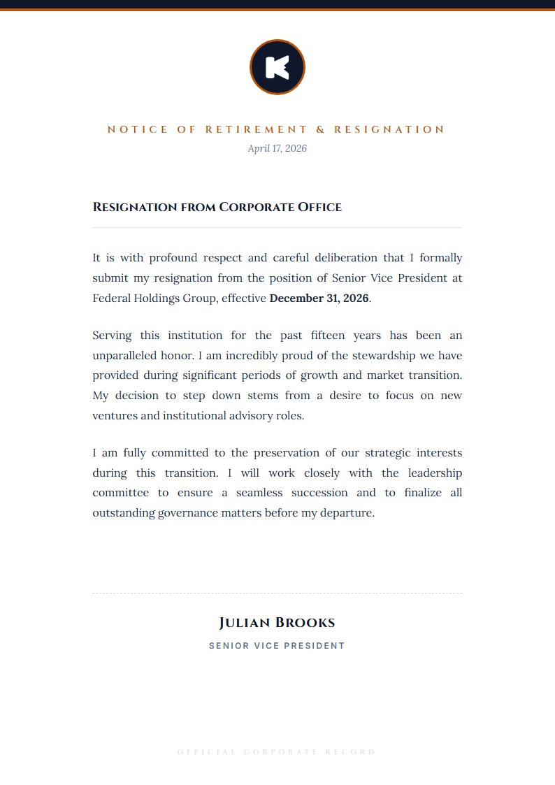 Official Corporate Resignation - Resignation Letter