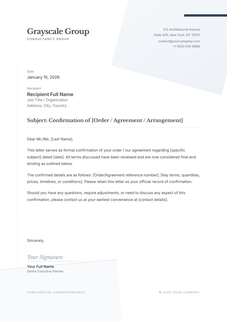 Order and Agreement Confirmation Letter - Confirmation Letter Template