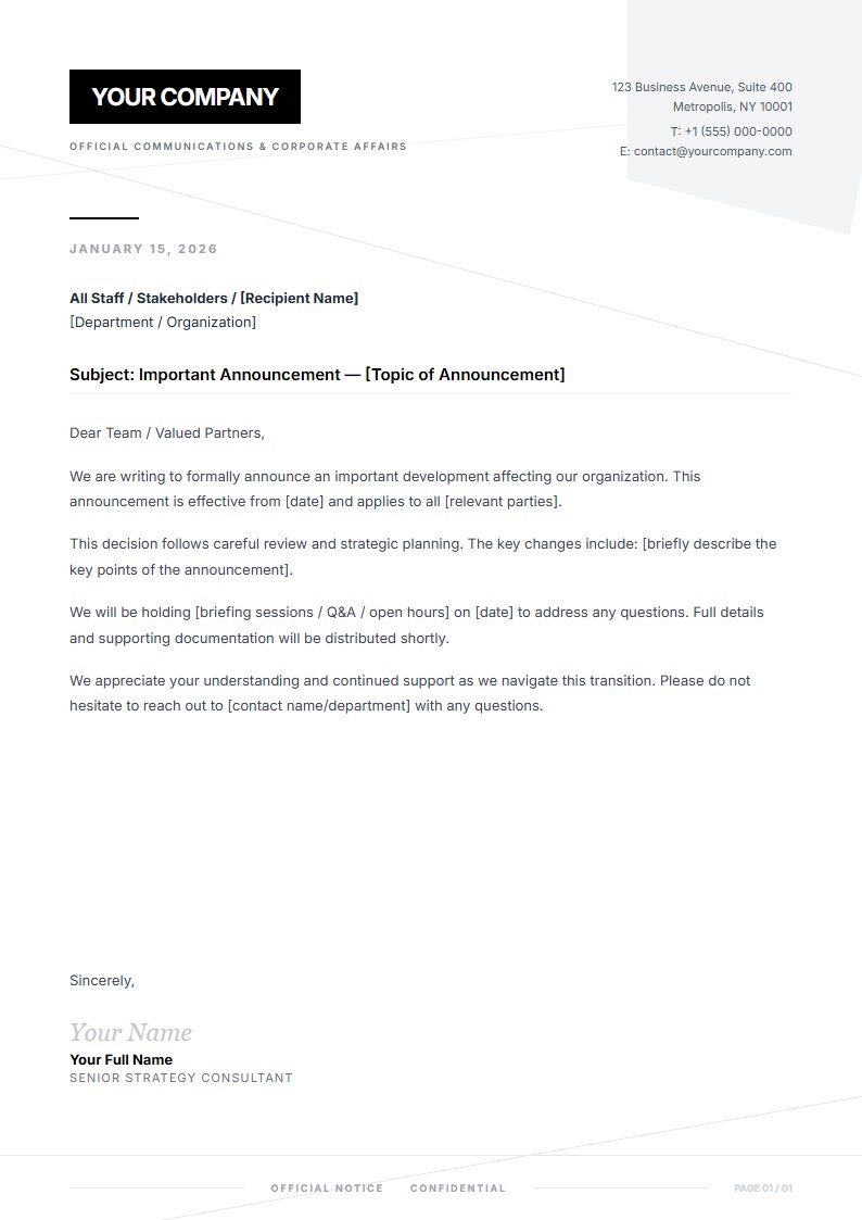 Organizational Change Announcement - Announcement Letter