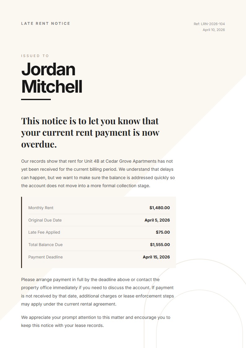 Overdue Monthly Rent Notice - Late Rent Notice Template