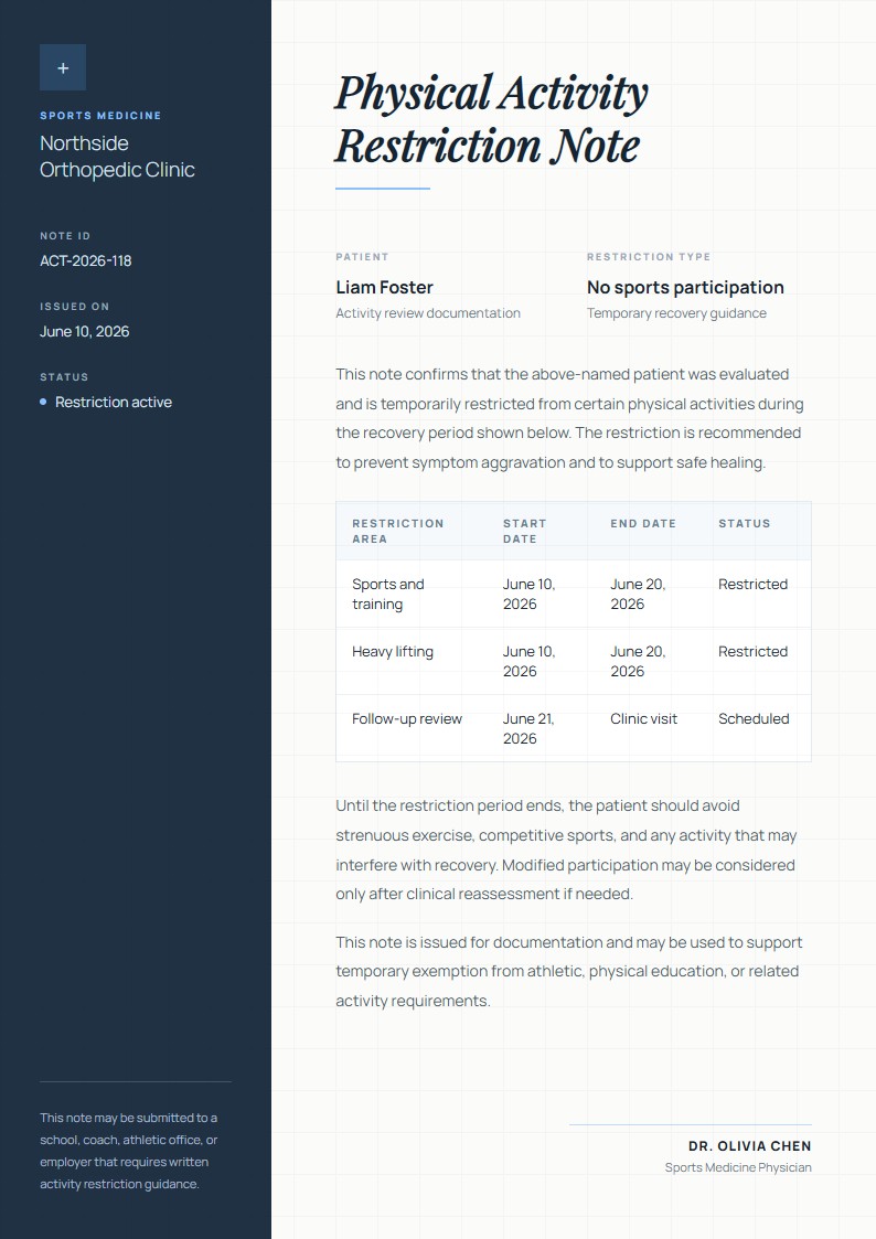 Physical Activity Restriction Note - Doctor Excuse Note Template