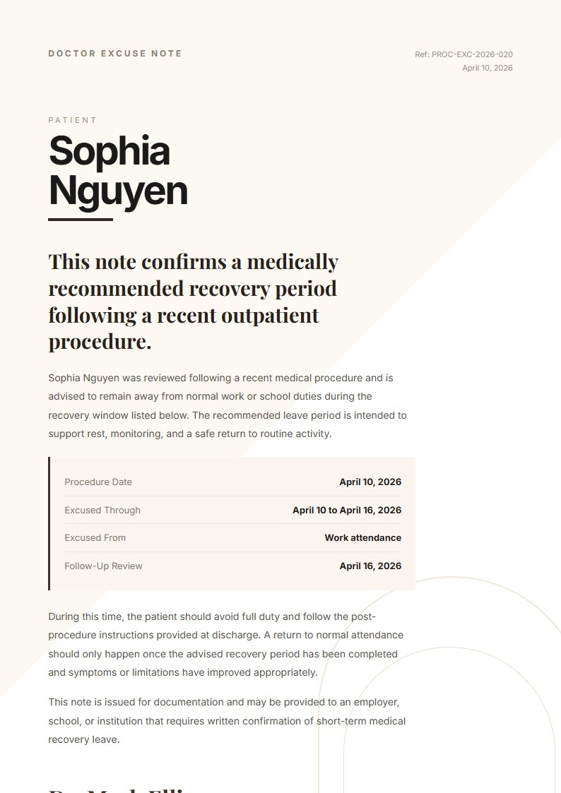 Post-Procedure Doctor Excuse Note - Doctor Excuse Note Template