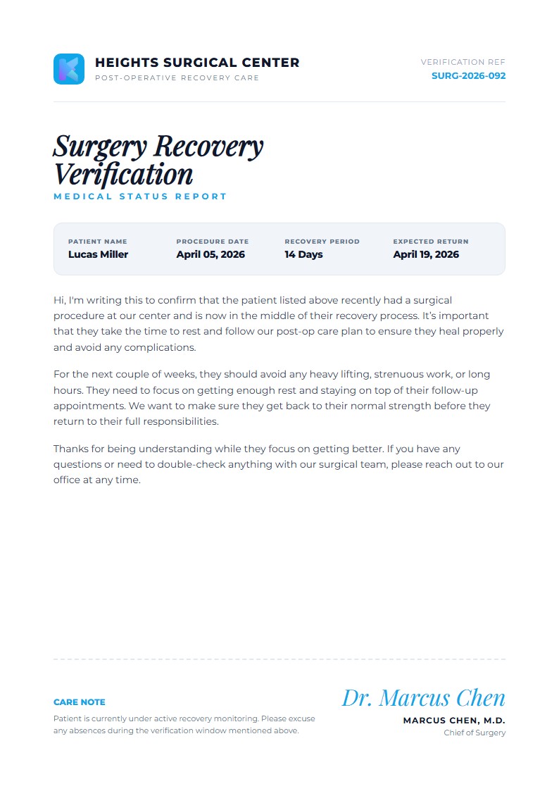 Post-Surgery Recovery Verification - Doctor Excuse Note