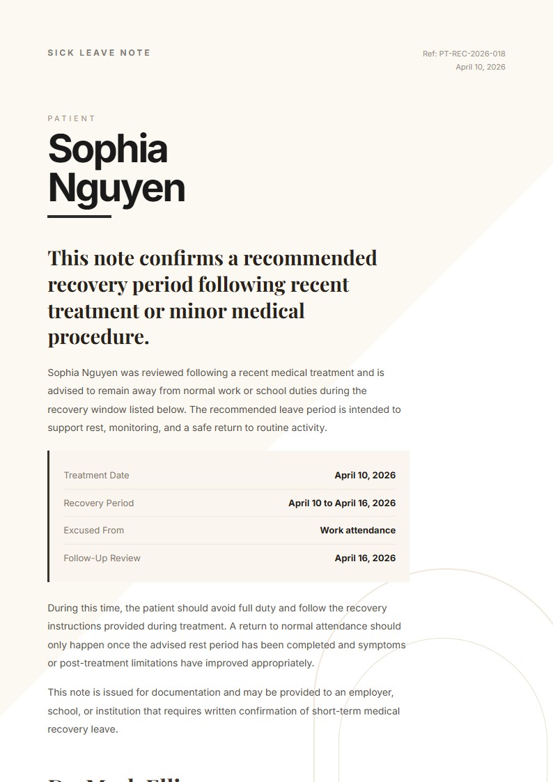 Post-Treatment Sick Leave Note - Sick Leave Note Template
