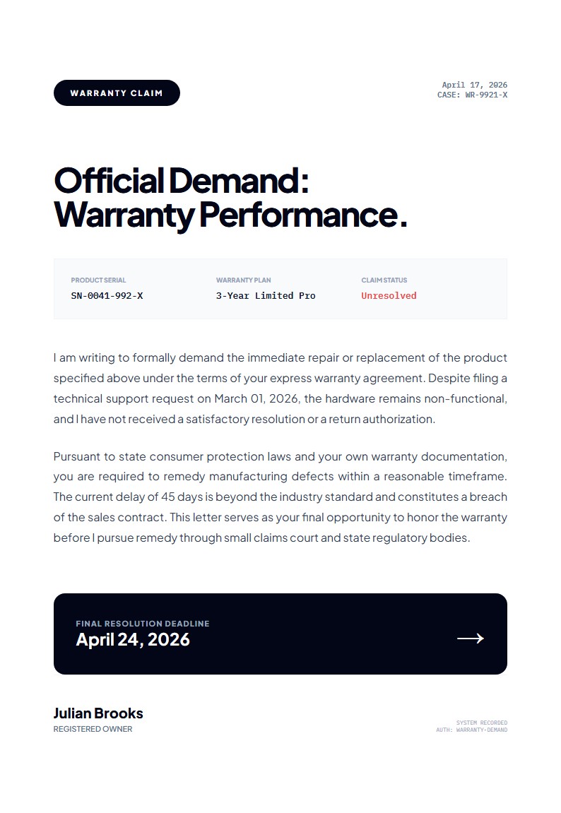Product Warranty Demand - Demand Letter