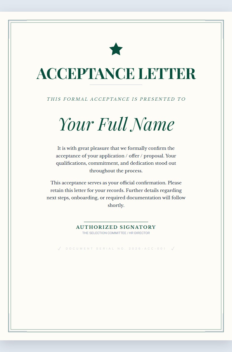Formal Job Application Acceptance Letter - Acceptance Letter Template