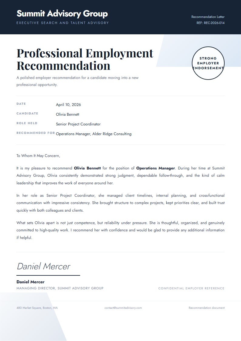 Professional Employment Recommendation - Recommendation Letter Template