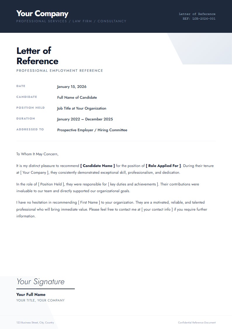 Professional Employment Reference - Application Letter Template