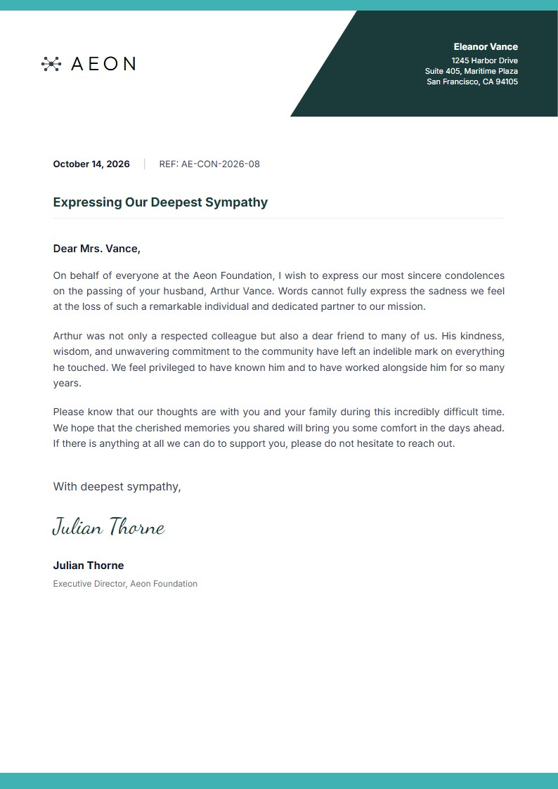 Professional Sympathy & Condolence Letter - Condolence Letter