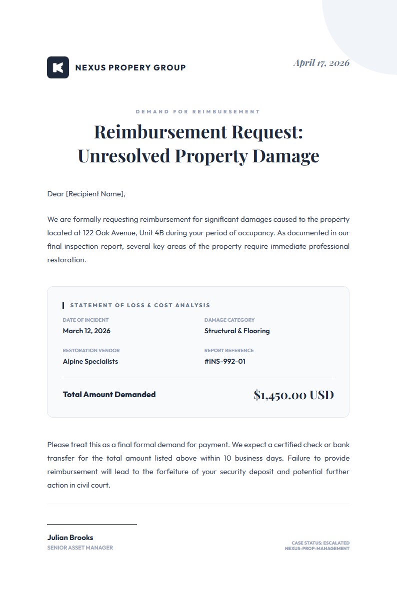 Property Damage Reimbursement Demand - Demand Letter Template