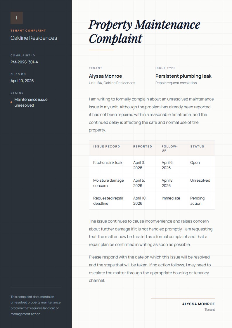 Property Maintenance Complaint - Complaint Letter Template