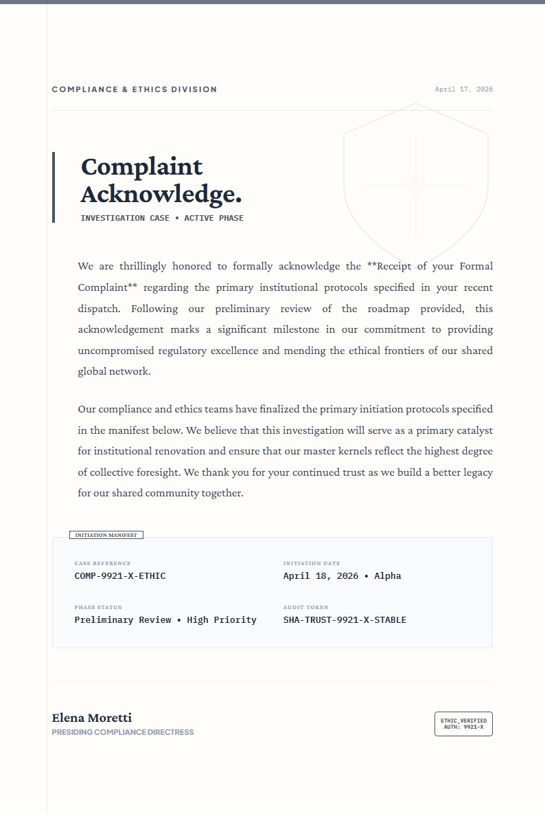 Receipt of Formal Complaint & Investigation Initiation - Acknowledge Letter Template
