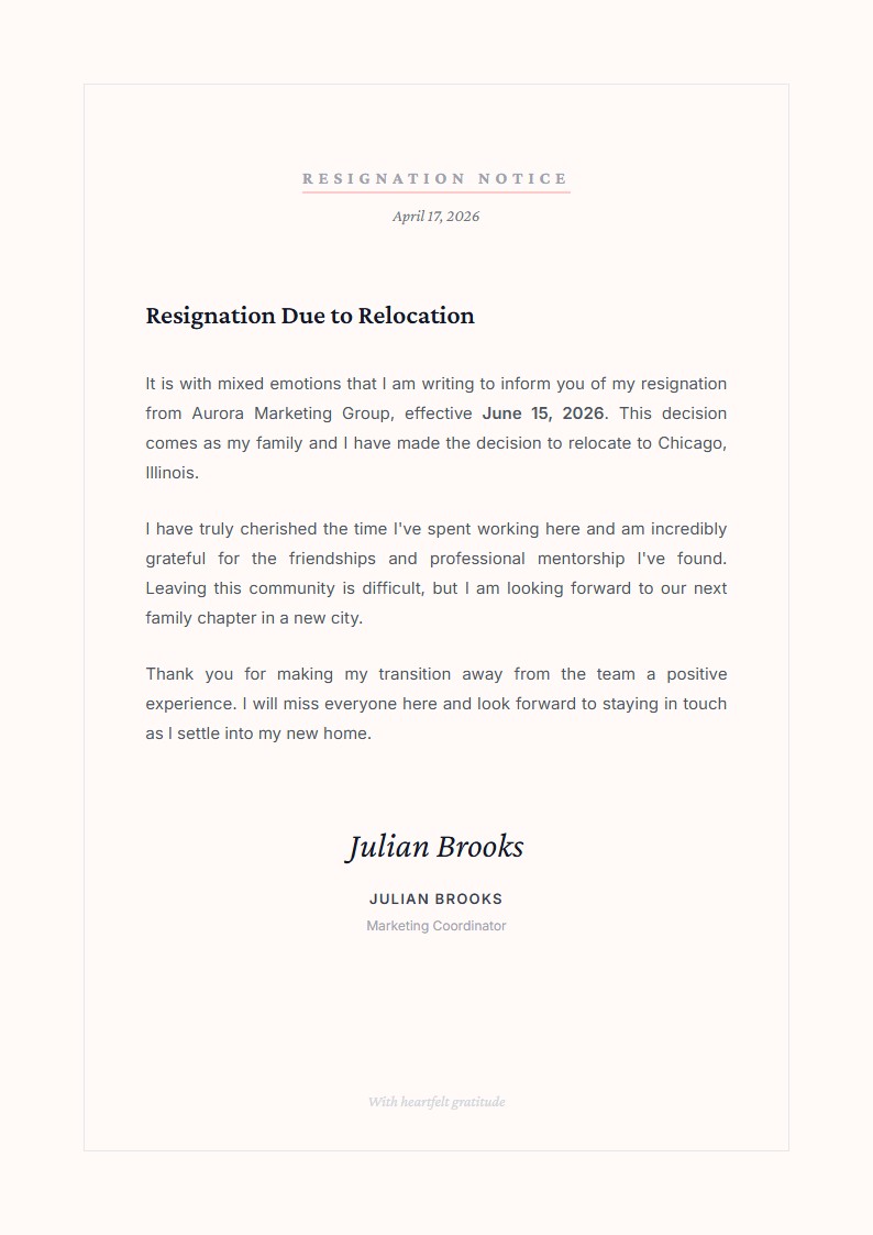 Relocation Resignation - Resignation Letter
