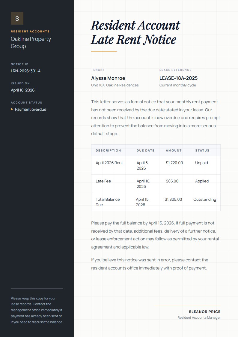 Resident Account Late Rent Notice - Late Rent Notice Template