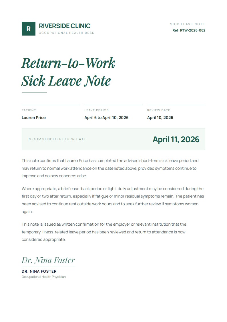 Return-to-Work Sick Leave Note - Sick Leave Note