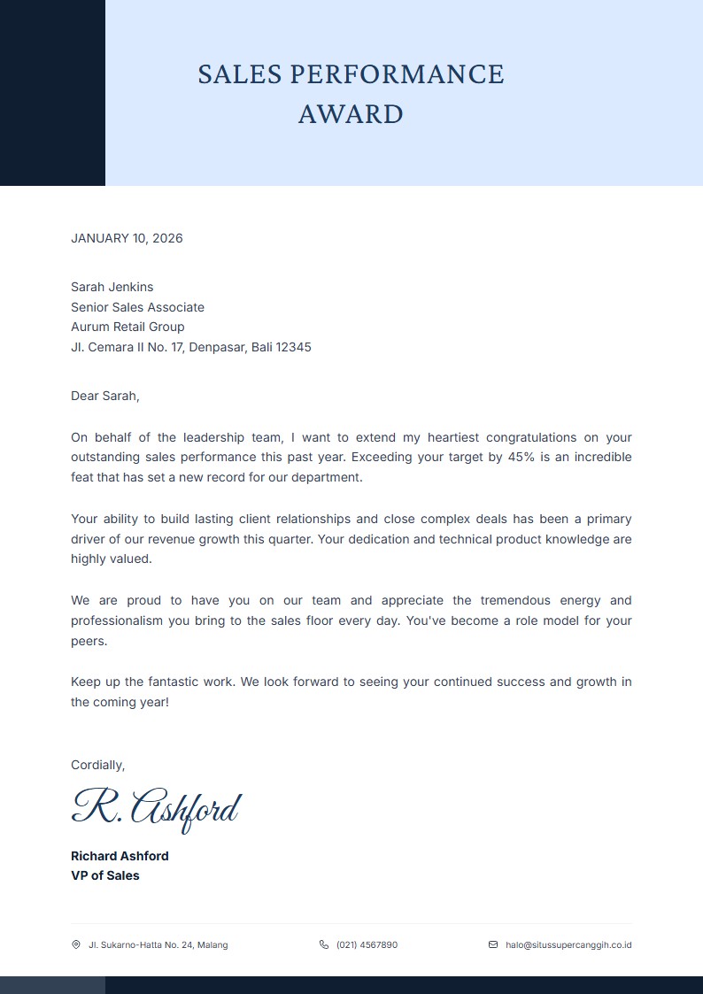 Sales Performance Congratulations - Carta de Felicitación Template