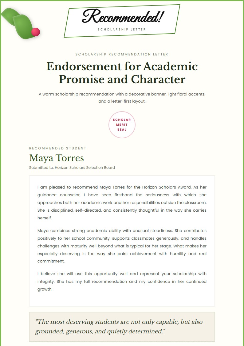 Scholarship Recommendation Letter - Recommendation Letter Template