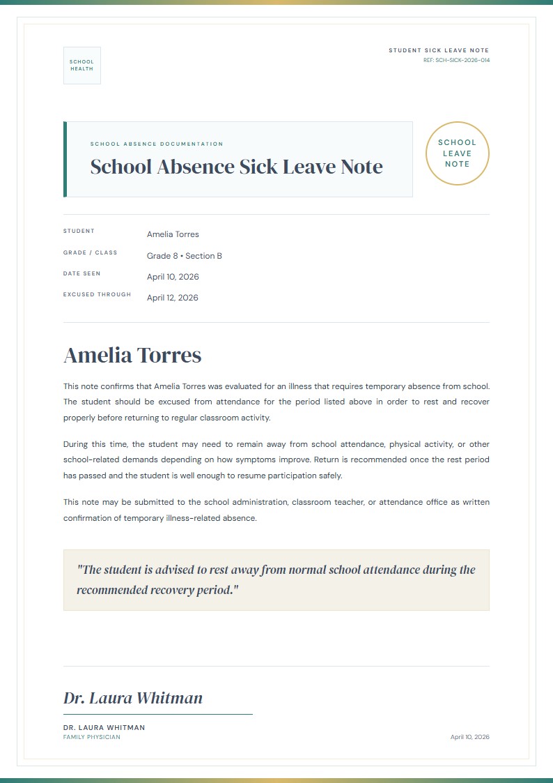School Absence Sick Leave Note - Sick Leave Note Template