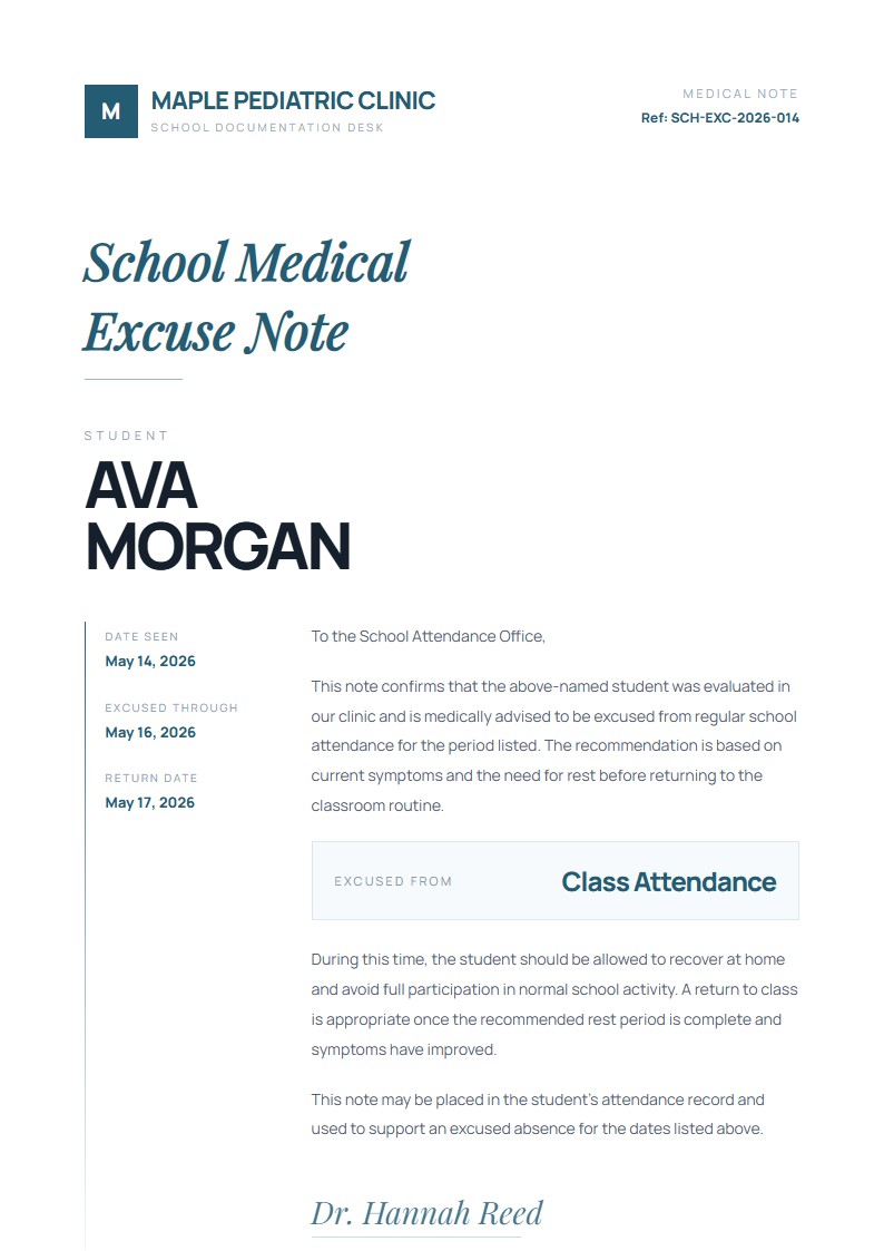 School Medical Excuse Note - Doctor Excuse Note Template