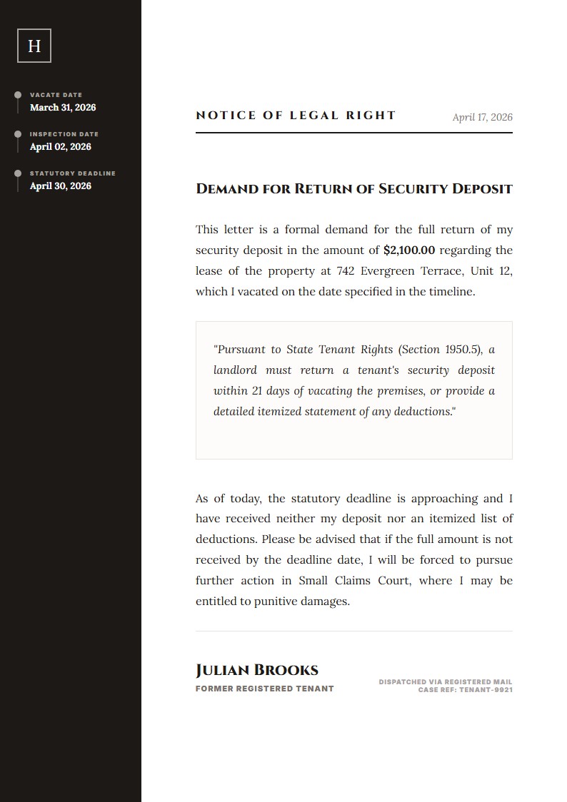 Security Deposit Return Demand - Demand Letter