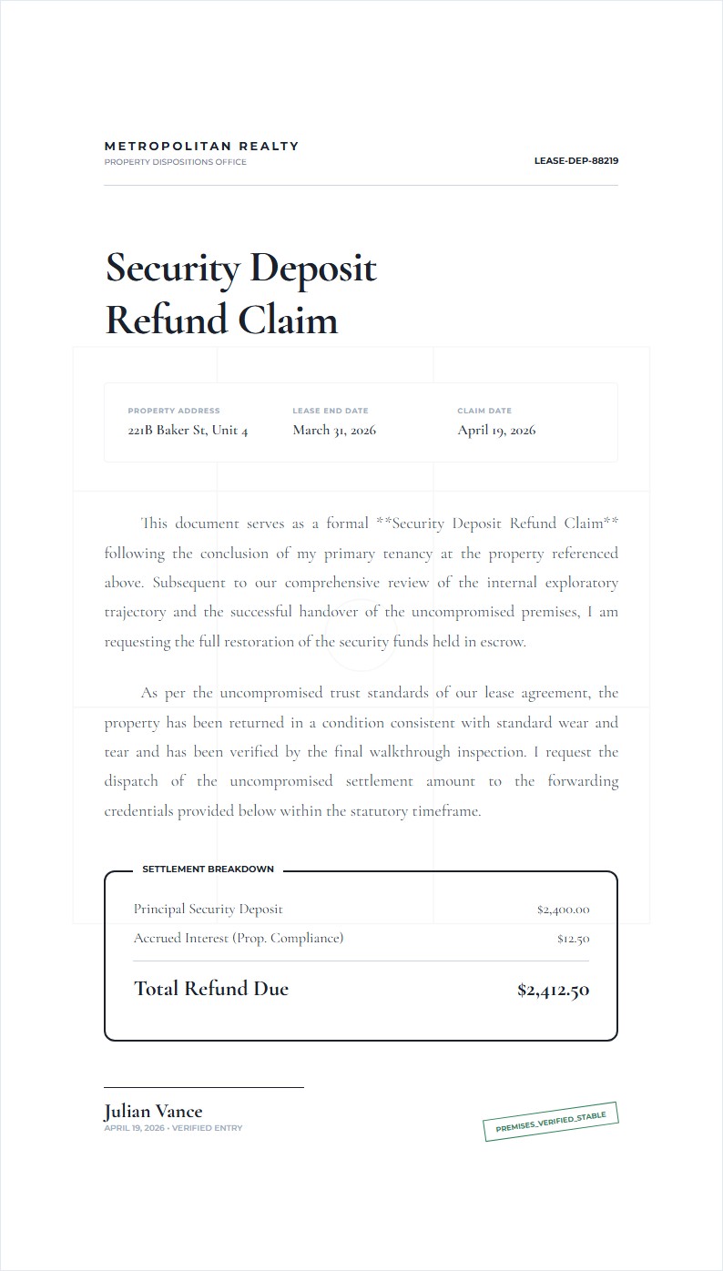 Security Deposit Refund Claim - Claim Letter