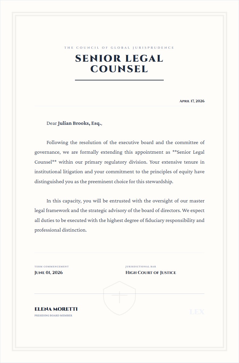 Senior Legal Counsel Appointment Letter - Appointment Letter Template