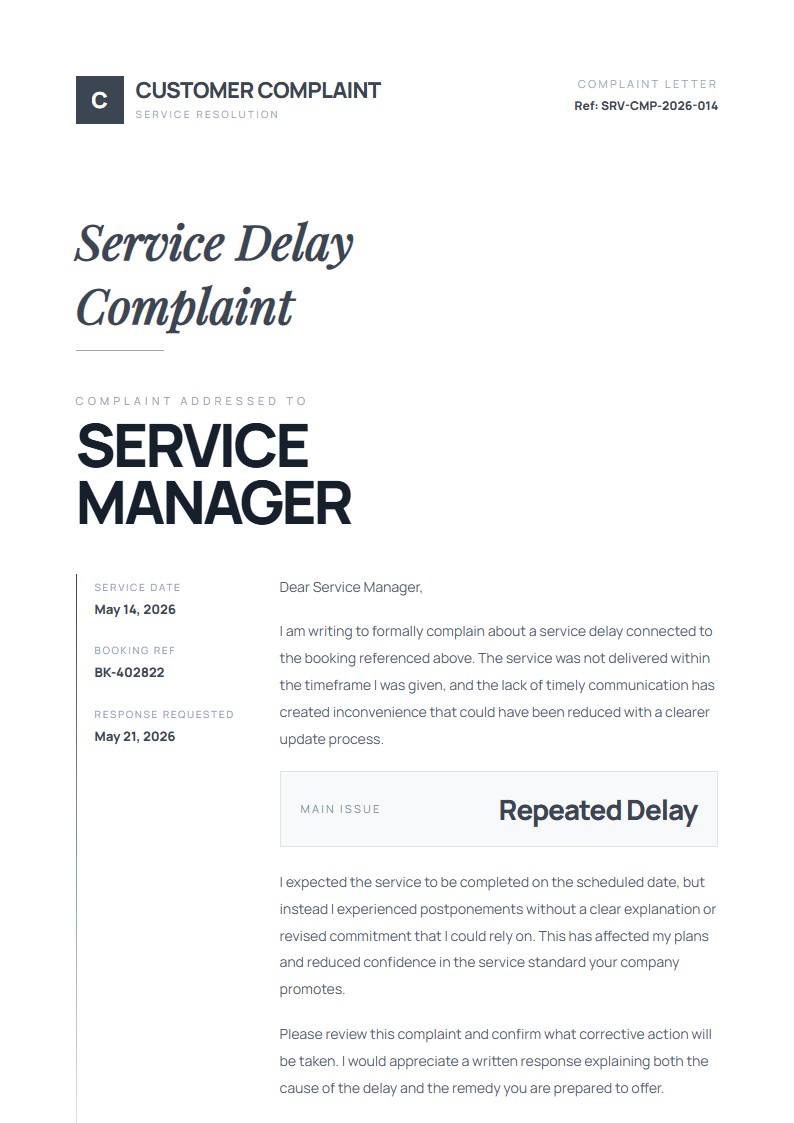 Service Delay Complaint - Complaint Letter Template