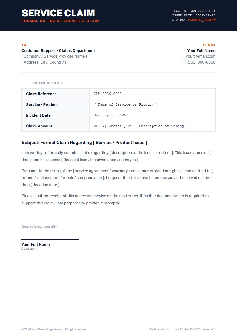 サービス紛争および損害クレームレター - クレームレター Template