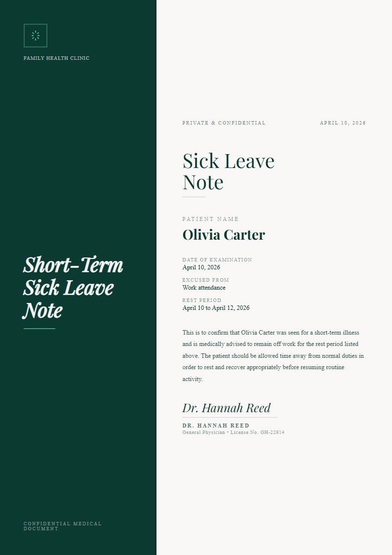 Short-Term Sick Leave Note - Sick Leave Note Template