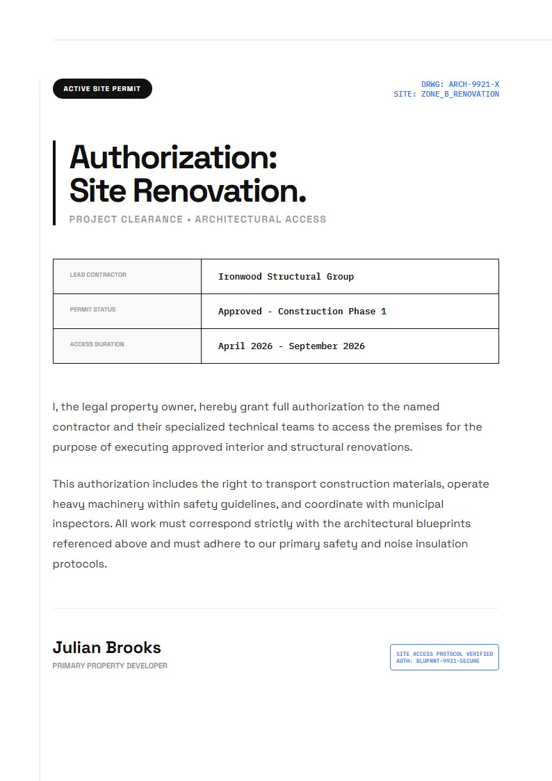 Site Access & Renovation Authorization - Authorization Letter