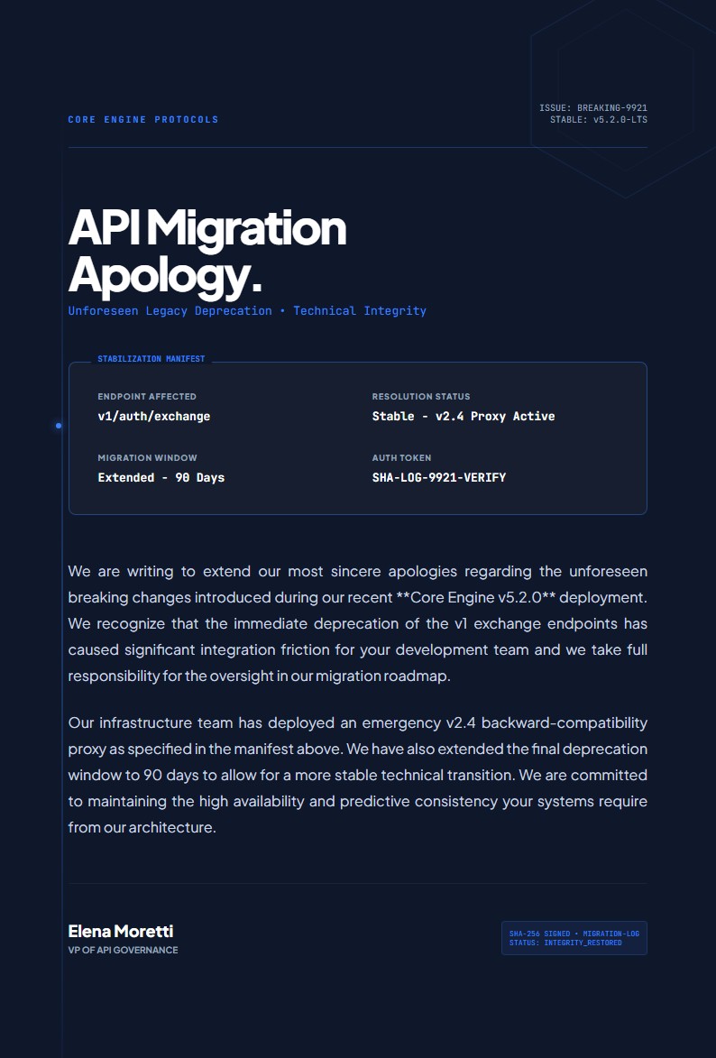 Software API Migration Apology Letter - Apology Letter