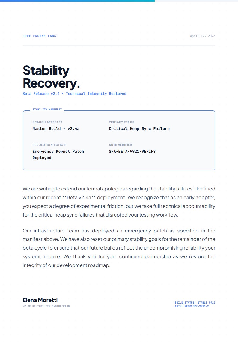 Software Beta Reliability Apology Letter - Apology Letter