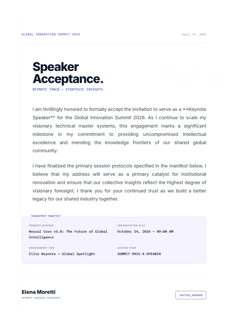 Speaker Invitation Acceptance for Professional Conference - Acceptance Letter