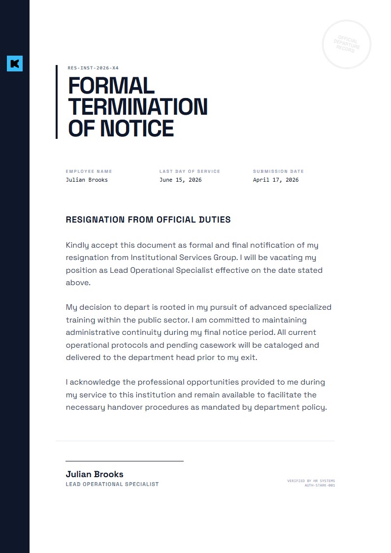 Stark Institutional Resignation - Resignation Letter