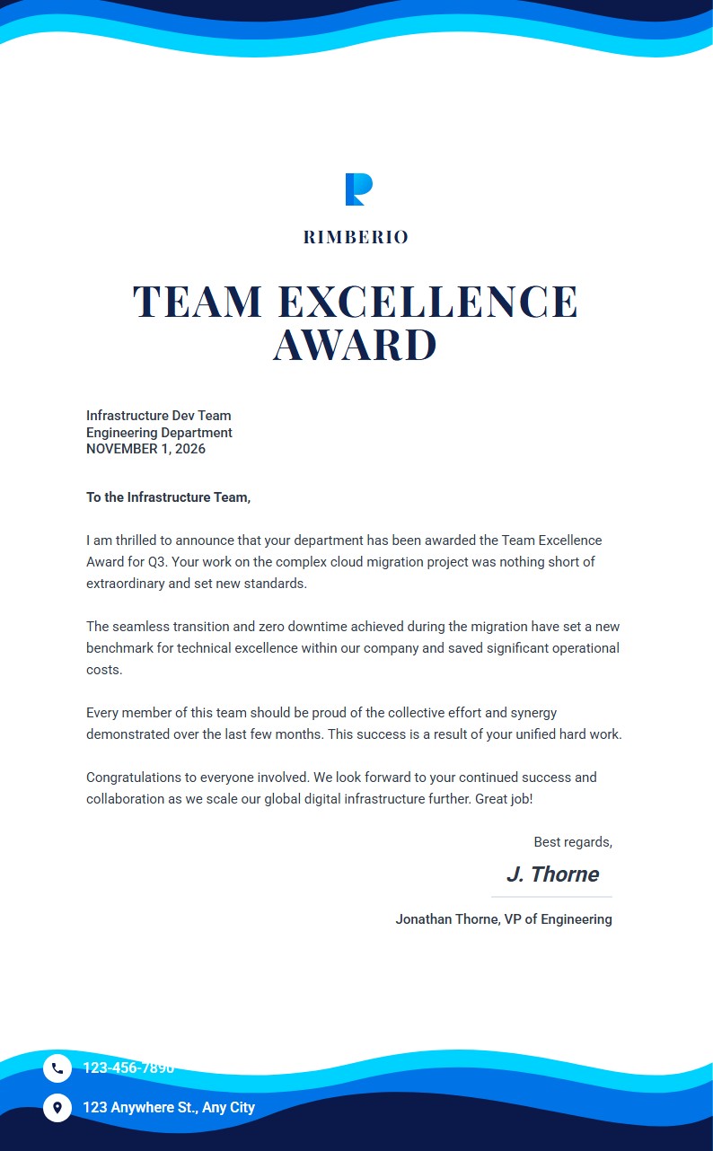 Team Excellence Award - Carta de Felicitación Template