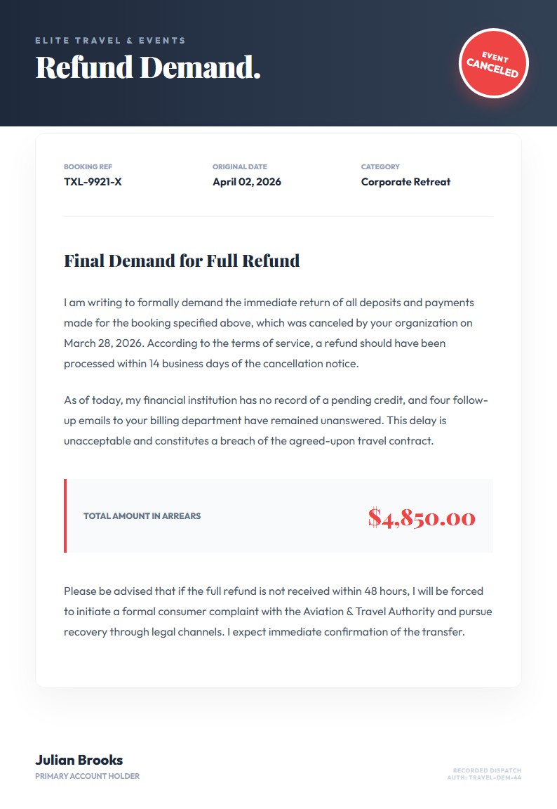 Travel/Event Refund Demand - Demand Letter