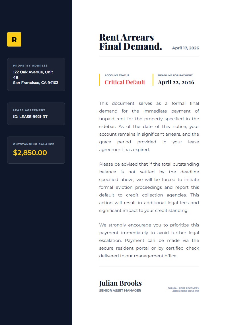 Unpaid Rent Demand - Demand Letter