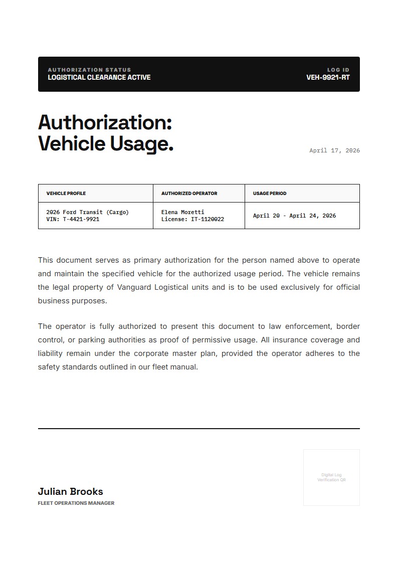 Vehicle Operation & Usage Authorization - Authorization Letter