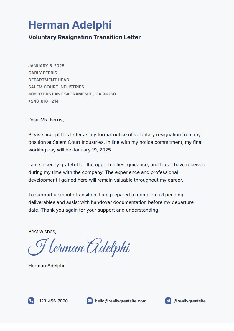 Voluntary Separation Notice - Termination Letter Template