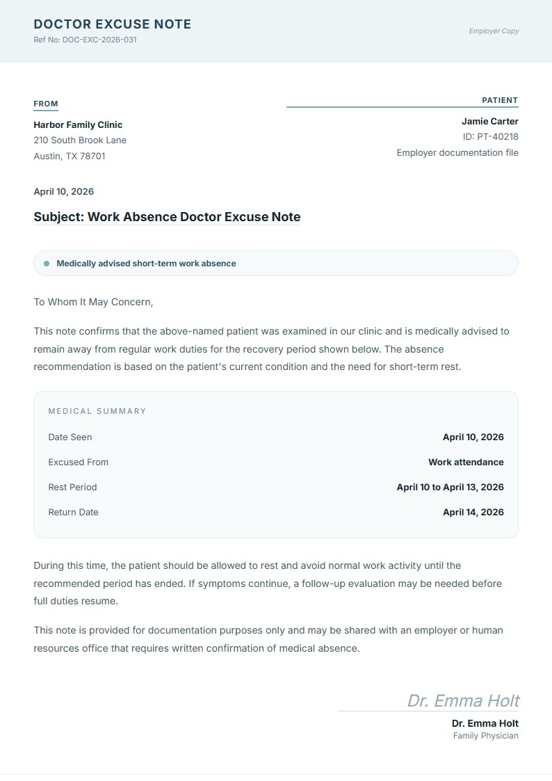Work Absence Doctor Excuse Note - Doctor Excuse Note