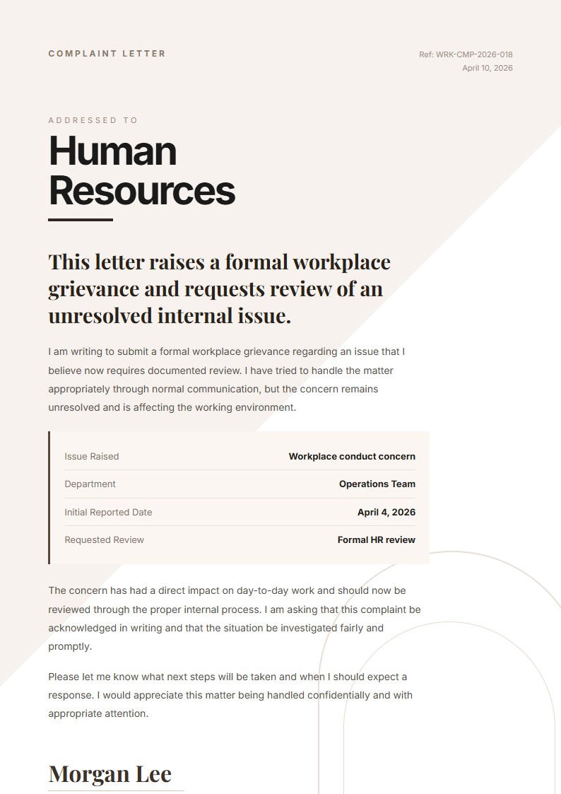 Workplace Grievance Complaint - Complaint Letter
